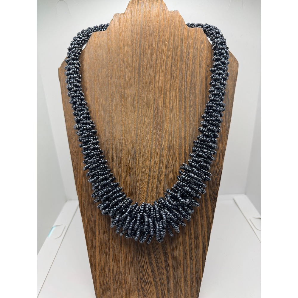 Vintage Gunmetal Grey Beaded Statement Necklace Metallic Seed Bead Chunky Fringe